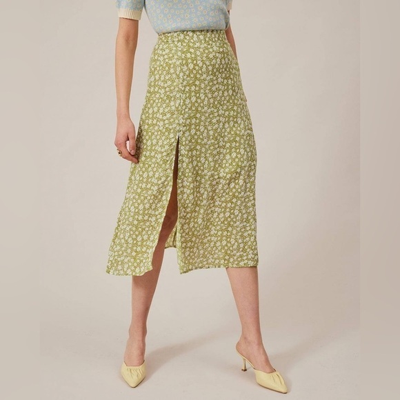 Rihoas The Floral Split Midi Skirt In Green And White Size L - Picture 2 of 11
